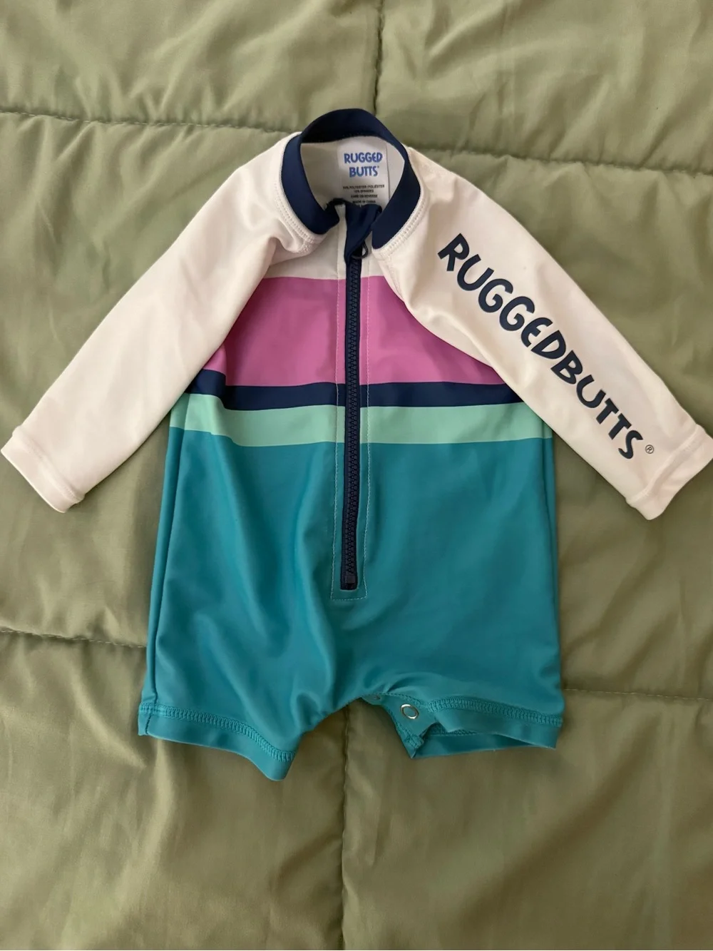 RuggedButts Teal & Pink Long-Sleeve Kids One-Piece Swimsuit